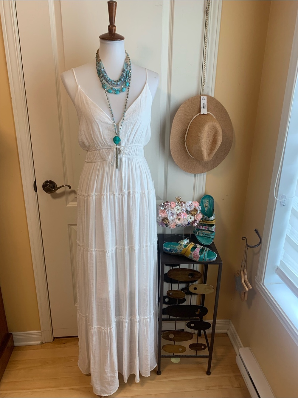 White Tiered Cotton beachy Maxi Dress